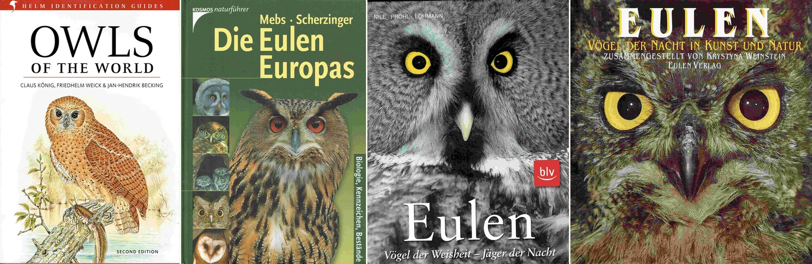 Buchgalerie mit Fachbüchern über Eulen, Uhus und Käuze