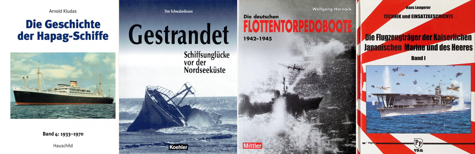 Maritime Fachbücher über Hapag-Schiffe, Schiffsunglücke, Flottentorpedoboote und japanische Flugzeugträger